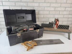lot 398 image: Miter box with Saw, CRAFTSMAN 3 x 18 Belt Sander (Needs Repair) and Poly Toolbox - NO SHIPPING