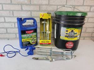 lot 399 image: (2) Mole Traps, Approx. 10# Mole & Vole Mace and 12 Jug Brush Killer - NO SHIPPING