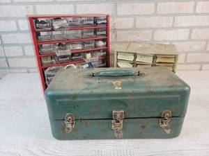lot 432 image: (2) Parts Organizers with Hardware and Steel Tackle Box with Assorted Hardware - NO SHIPPING