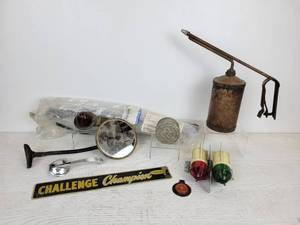 lot 526 image: Lot of Vintage Automotive and Marine Parts - DODGE BROTHERS Hub Cap, Golden Rod Oiler, Delta RedGreen Marine Light, and More