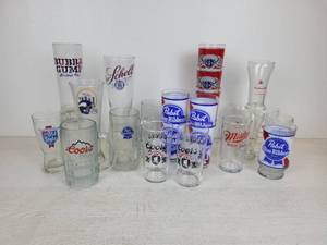 lot 529 image: Collection of Beer Glasses - Schells Old Style, Coors, Pabst Blue Ribbon, Budweiser, Miller High Life, and More - NO SHIPPING