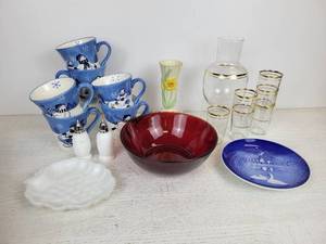 lot 531 image: Assemblage of Vintage Glassware - Ruby Red Glass Bowl, Juice Decanter and 6 Glasses, Milk Glass, and More - NO SHIPPING