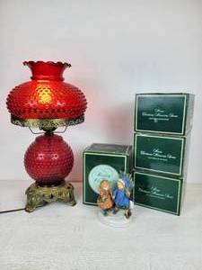 lot 542 image: Lot of (4) Avon Christmas Memories Porcelain Figures - 1981-1984 - with Brass & Hobnail Glass Lamp - NO SHIPPING