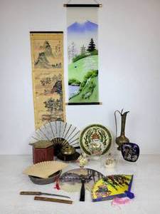 lot 545 image: Collection of Asian Dcor - Ginger Jar, Wall Hangings, Bonsai Dish, Candy Tin, Brass Pieces, Fans, and More