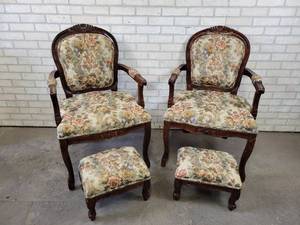 lot 608 image: Pair of Upholstered Chairs with Ottomans - NO SHIPPING