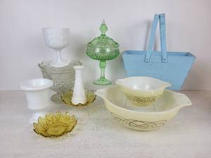 lot 635 image: Pair of Pyrex Golden Scroll Dishes, Milk Glass, and More - NO SHIPPING