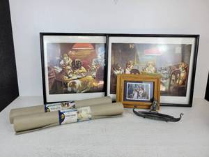 lot 638 image: Pair of Dogs Playing Poker Prints - A Friend in Need and Pinched with Four Aces, Wolf Picture, Pewter Dcor, and (2) Rolls of New Shelf Liners