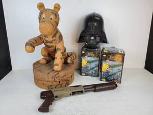 lot 640 image: Heavy Cast Resin Tigger Yard Dcor, Darth Vader Mask, Marines 6mm BB Gun, and Solar Lights - NO SHIPPING
