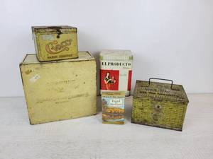 lot 687 image: Lot of Vintage Tins - Sunshine Specialties - Biscuit Tin, Cigar Tins, Tobacco Box, and More