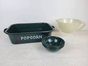 lot 688 image: Lot of Green Speckled Enamelware Popcorn Pan with (4) Matching Bowls and Fire King Mixing Bowl