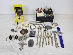 lot 709 image: Large Collection of Jewelry, Watches, Rosaries, and Pendants - Includes Sterling Silver, Invicta Kinetic Watch, and More