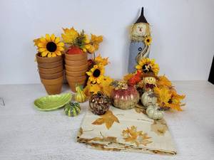 lot 716 image: Lot of Fall Dcor - Includes small Red Wing Pottery Dish, Ceramic Pumpkins, Table Cloth, and More NO SHIPPING