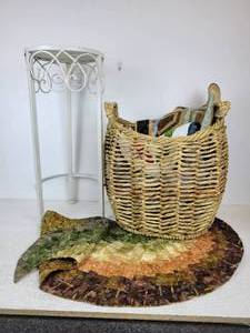 lot 718 image: Metal Plant Stand, Large Basket, and Quilted Home Dcor - NO SHIPPING
