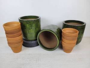 lot 721 image: (3) Green Glazed Terracotta Planter Pots and (10) Italian Terracotta Planter Pots - NO SHIPPING