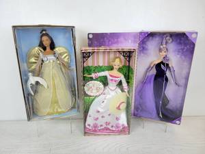 lot 729 image: Set of (3) Barbie Dolls - 1999 Angelic Inspirations Barbie, 2002 Victorian Tea Barbie, and 2001 Sterling Silver Rose Barbie by Bob Mackie for AVON