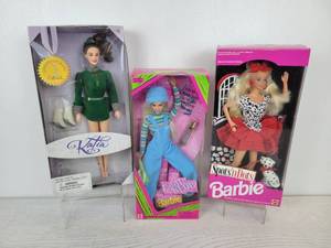 lot 734 image: Set of (3) Dolls - 1997 Dayton-Hudson Ekaterina Katia Gordeeva Skating Doll by Playmates, 1997 Cool Blue Barbie, and 1993 Spots n Dots Barbie