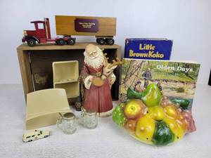 lot 933 image: Lot of Vintage Treasures - Sunsweet Prune Crate, Little Brown Koko Book, Lid to a Ceramic Cookie Jar, and MORE