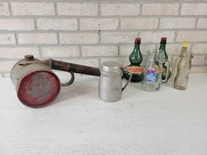 lot 552 image: 1941 WW2 US Military Mess Hall Aluminum Creamer, Vintage Galvanized Bug Sprayer and Vintage Bottles