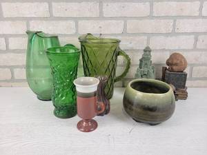 lot 577 image: Vintage Green Glass Water Pitchers and More - NO SHIPPING