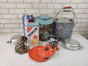 lot 580 image: Vintage Sears Galvanized Minnow Bucket, Camping Cookware, Cracker tin and More - NO SHIPPING