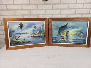lot 588 image: (2) Vintage Original MCM Framed Paintings - 22x16 Frames