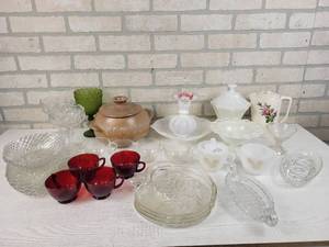 lot 590 image: Frankoma Pot with Lid, Fire King, Ruby Glassware and More - NO SHIPPING