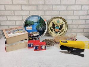 lot 594 image: BUCK 4 Fixed Blade Knife with Sheath, Hamms Beer Tray, Vintage Chiltons Manuals and More