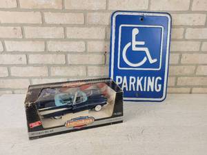 lot 660 image: ERTL 118 Scale 1957 Chevrolet Bel-Air Diecast Model and Stamped Steel Handicapped Sign (12 x 18)