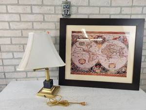 lot 666 image: Framed Vintage World Map (28 x 24) and Desk Lamp - NO SHIPPING