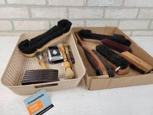 lot 802 image: Lot of Vintage Brushes - Pool Table Brushes, Shave Brush, Wood Brushes and More
