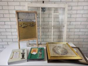lot 827 image: Vintage 6-Pane Window with Glass, JIFFY Washboard, Wind Chimes and More - NO SHIPPING