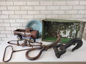 lot 828 image: Vintage Large Hooks, Steel Parts Bin, Hay Hook, Tonka Truck, Trap and More - NO SHIPPING
