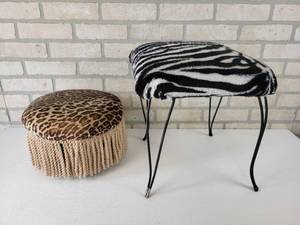 lot 830 image: Pair of Vintage Stools - Leopard Print and Zebra Print - NO SHIPPING