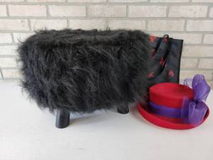 lot 831 image: Furry Black Stool (17 Diameter x 12 Tall) and Red Hat Ladies Hat with Tote Bag - NO SHIPPING