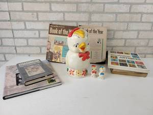 lot 832 image: 1940s APCO Baby Chic Cookie jar with Salt & Pepper Shakers  Assorted Vintage Books - NO SHIPPING