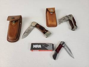 lot 842 image: WESTERN 3 Blade Folding Pocket Knife with Sheath, CRAFTSMAN Utility Blade Folding Pocket Knife and NRA 2.5 Blade Folding Pocket Knife