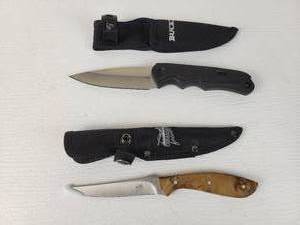 lot 838 image: (2) Knives - Fixed 4-14 Blade BUCK Knife with Sheath and Browning 4-14 Fixed Blade Pheasants Forever Knife with Sheath