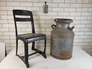 lot 857 image: Antique Superior Milk Can with Lid and Childs School Desk Chair - NO SHIPPING
