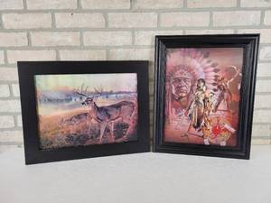 lot 747 image: (2) Lenticular Prints - White Tail Deer and Native American - NO SHIPPING