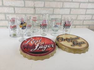 lot 750 image: (12) Assorted Beer Glasses and (2) Bottle Cap Signs  - NO SHIPPING