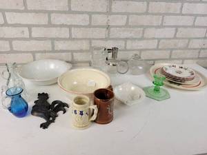 lot 887 image: Lot of Vintage Kitchen Items and More - Includes Glass Urinal, Uranium Glass Candle Holder and More - NO SHIPPING