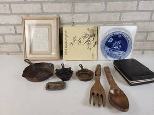 lot 888 image: Griswold No. 3 Cast Iron Pan, Cast Iron Pan Ash Tray, Wood Spoons and More