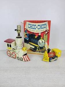 lot 957 image: Vintage Train Lamp, Fisher-Price Toot-Toot Train Toys, and Choo-Choo The Little Switch Engine Book
