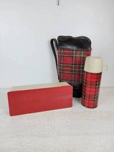 lot 960 image: Vintage Plaid Thermos with Plastic Case and Golf Drink Caddy