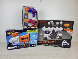 lot 984 image: Lot of (3) NEW IN BOX Toys - Galaxy Blast, NERF Fortnite Gun, and Air Warriors TEK3 Blasters