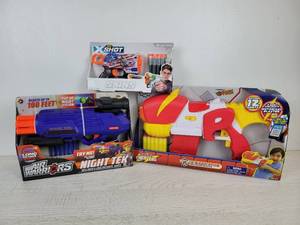 lot 985 image: Lot of (3) NEW IN BOX Toys - Air Warriors Night TEK Blaster, Zuru X-Shot, and Ryans World E-Radicator Motorized Blaster