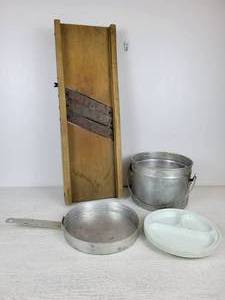 lot 993 image: Vintage Aluminum Camping Set with HEAVY Old-Fashioned Kraut Cutter - NO SHIPPING
