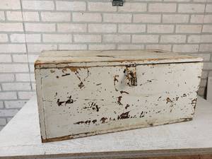 lot 764 image: Vintage Wood Toolbox with Leather Strap - NO SHIPPING