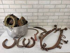 lot 765 image: Vintage Corn Plates, Horseshoes, Steel Horse Hames and More - NO SHIPPING