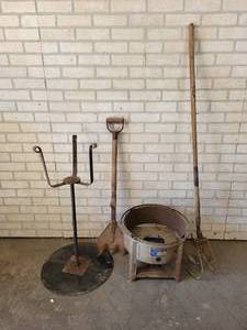 lot 774 image: (2) Garden Pot Stands (10 and 15 Pots) and Vintage Garden Tools - NO SHIPPING